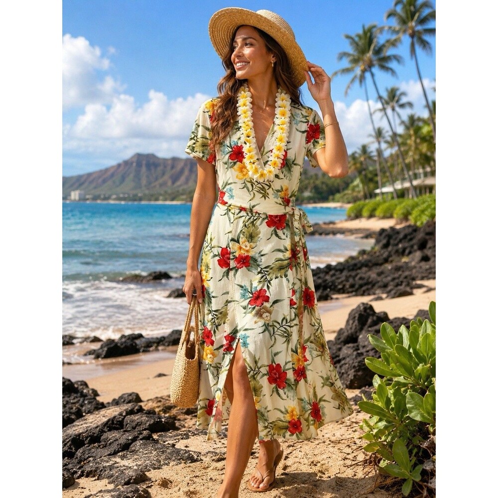 Vintage Caribbean Joe Tropical Hibiscus Floral Wrap Dress Resort Vacation Size M